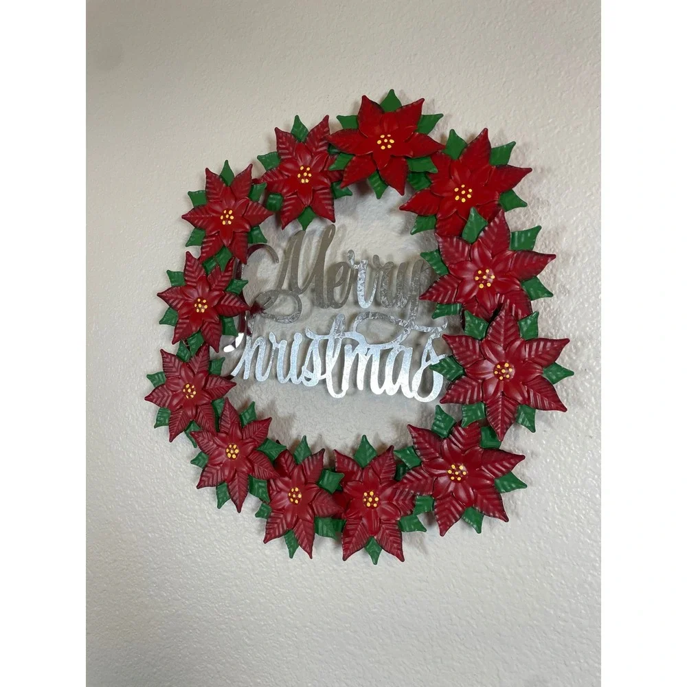 Metal Poinsettia Wreath Merry Christmas Wall Decor Red Green‎ Silver